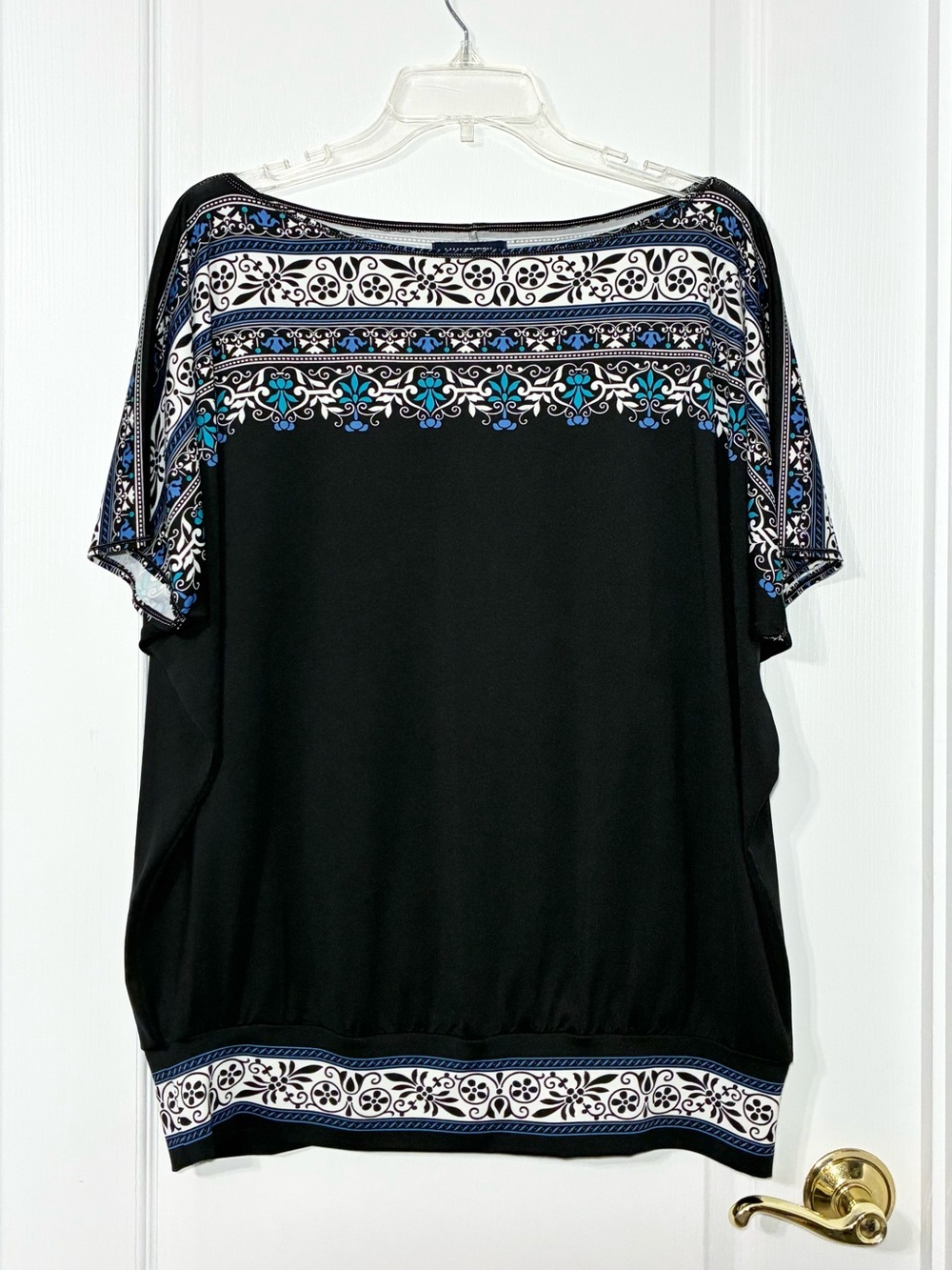 Y2K Max Edition Baroque Border Print Dolman Sleeve Blouse Top Black Large